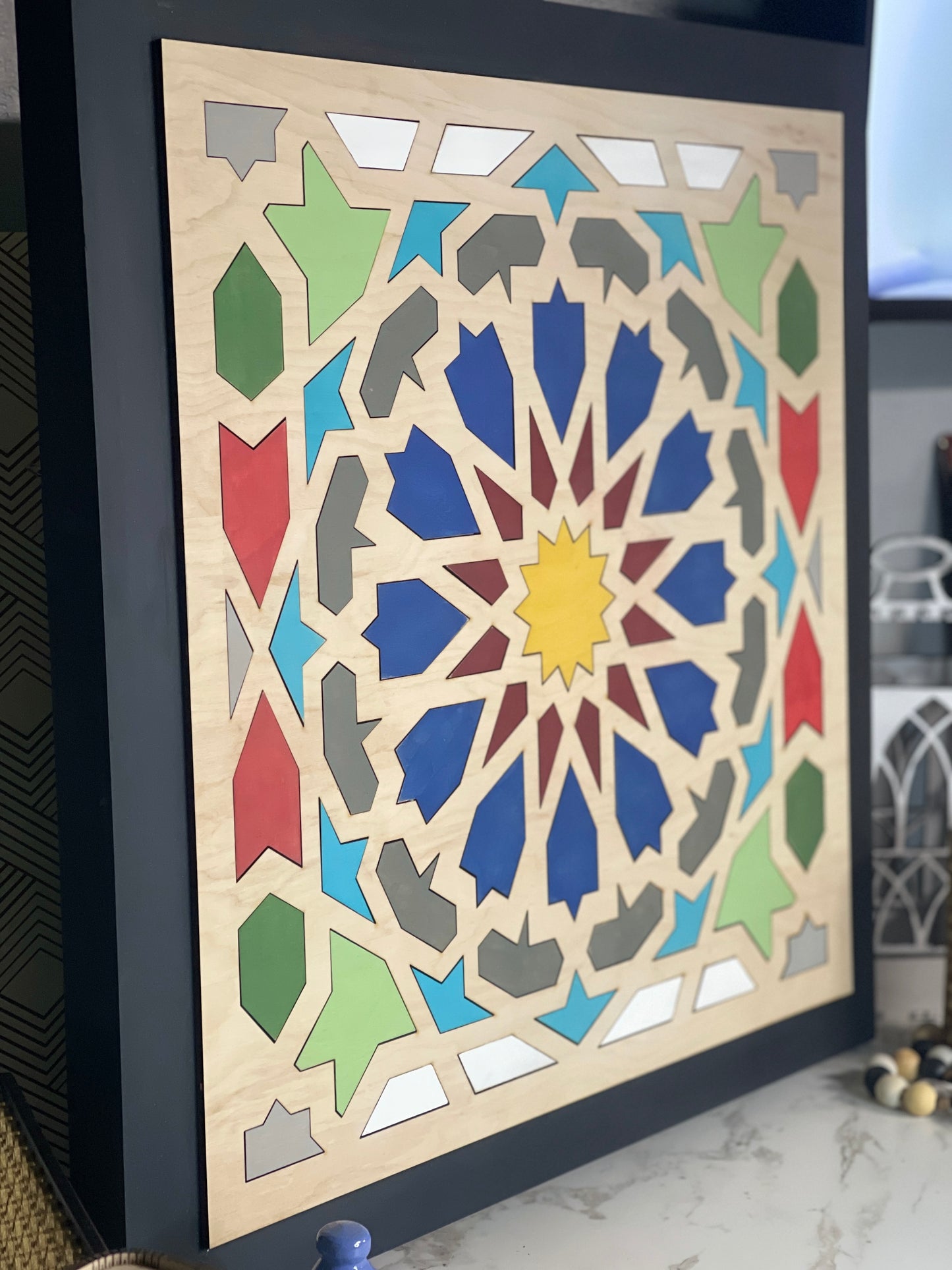 Modern Geometric Mosaic 3D, Moroccan Tile Wall Art, Moroccan Tiles Zelig, Geometric Oriental wood Art, Ethnic Pastel Wall Art Décor