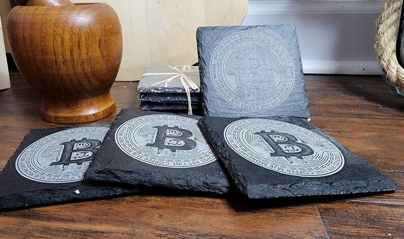 Bitcoin Slate Coaster - Set of 4, Crypto Coin Art, Cryptocurrency Lover Gift, Bitcoin Crypto Gift, BTC Crypto Lover,